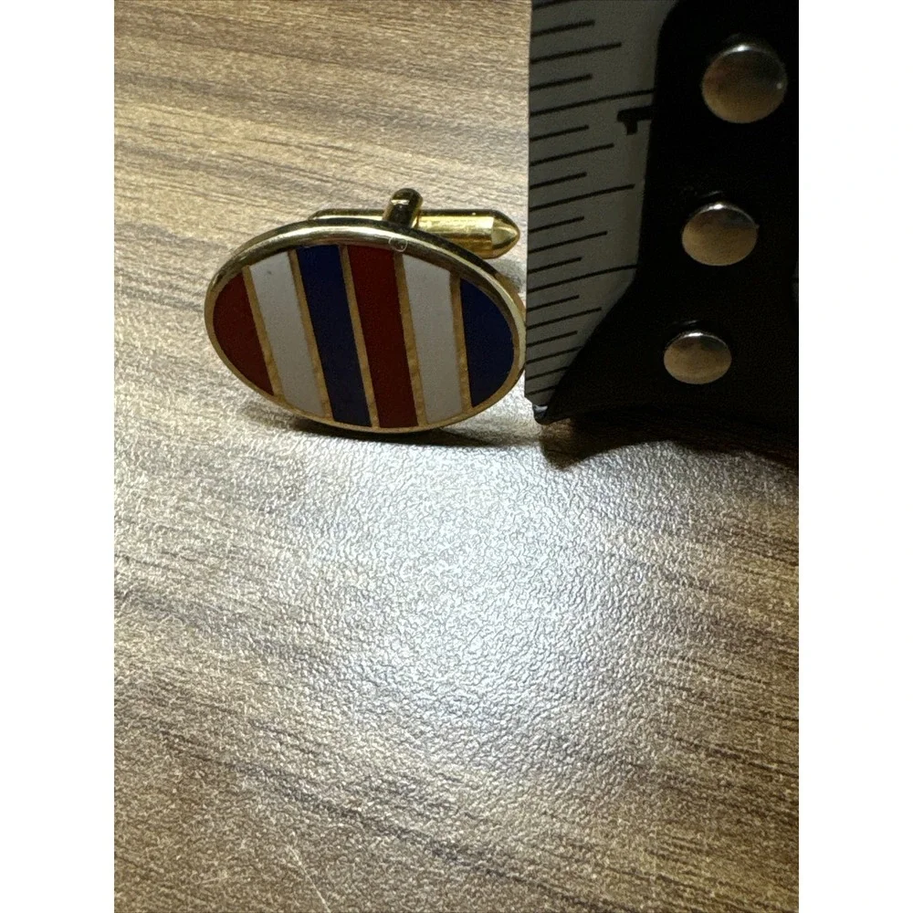 Vintage Red White And Blue Striped Oval Cufflinks and Matching Tie Tac Unmarked